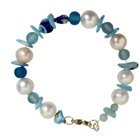 14K Gold Plated Freshwater Pearl Seaglass Bracelet - Picture 4 of 4